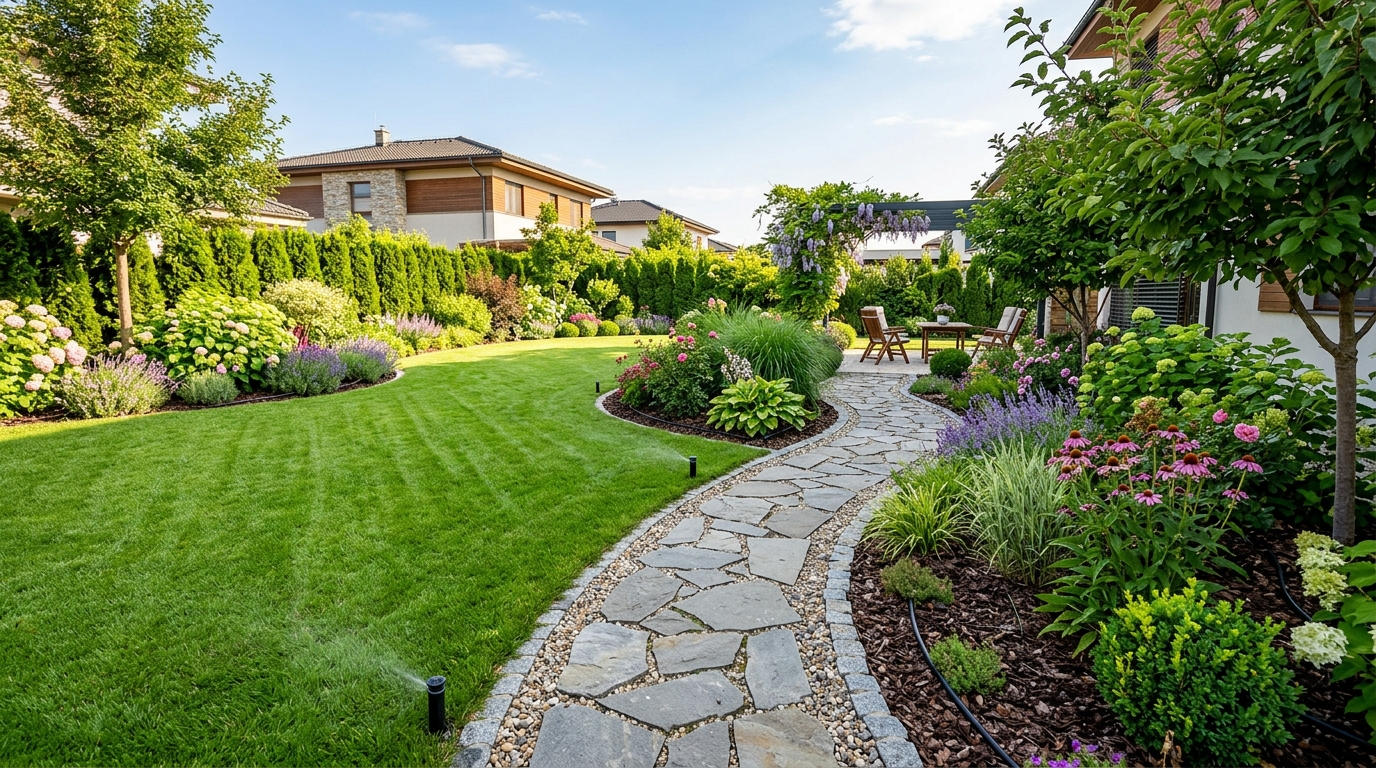 Amenajare peisagistică premium realizată de WZX Garden în București — grădină modernă cu gazon rulou și plante ornamentale